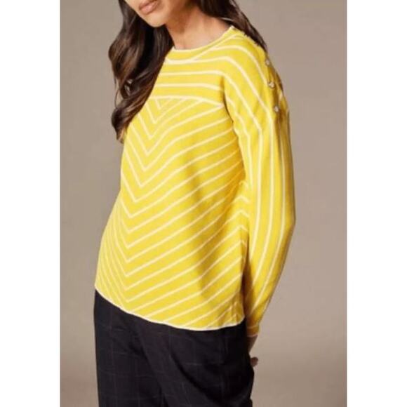 Karen Millen Striped Crewneck Sweater Women's Size XS Yellow White Snap Shoulder - Picture 1 of 8